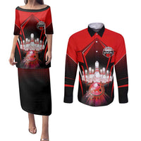 Red Bowling Strike Graphic Couples Matching Puletasi and Long Sleeve Button Shirt with Pins and Ball and Custom Name Design - Wonder Print Shop