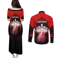 Red Bowling Strike Graphic Couples Matching Puletasi and Long Sleeve Button Shirt with Pins and Ball and Custom Name Design - Wonder Print Shop