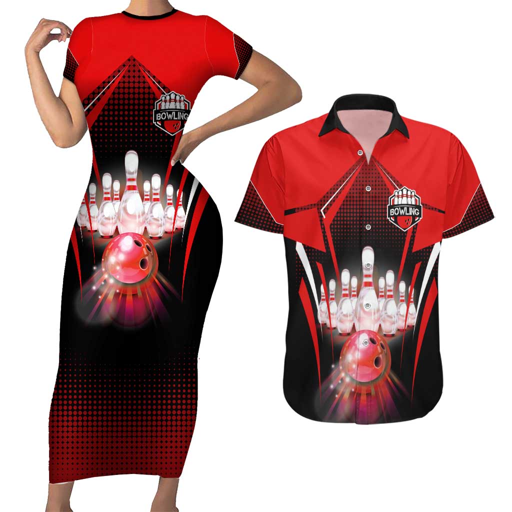 Red Bowling Strike Graphic Couples Matching Short Sleeve Bodycon Dress and Hawaiian Shirt with Pins and Ball and Custom Name Design - Wonder Print Shop