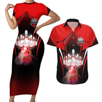 Red Bowling Strike Graphic Couples Matching Short Sleeve Bodycon Dress and Hawaiian Shirt with Pins and Ball and Custom Name Design - Wonder Print Shop
