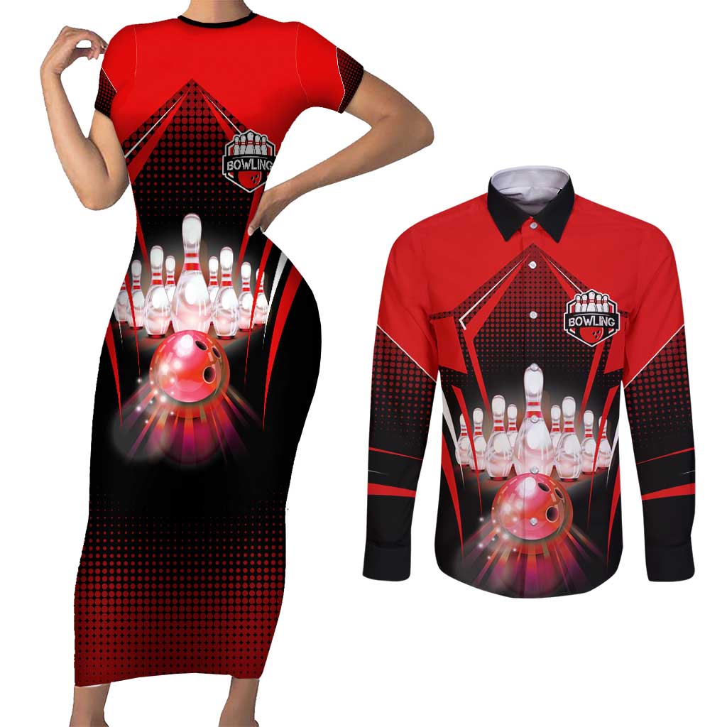 Red Bowling Strike Graphic Couples Matching Short Sleeve Bodycon Dress and Long Sleeve Button Shirt with Pins and Ball and Custom Name Design - Wonder Print Shop
