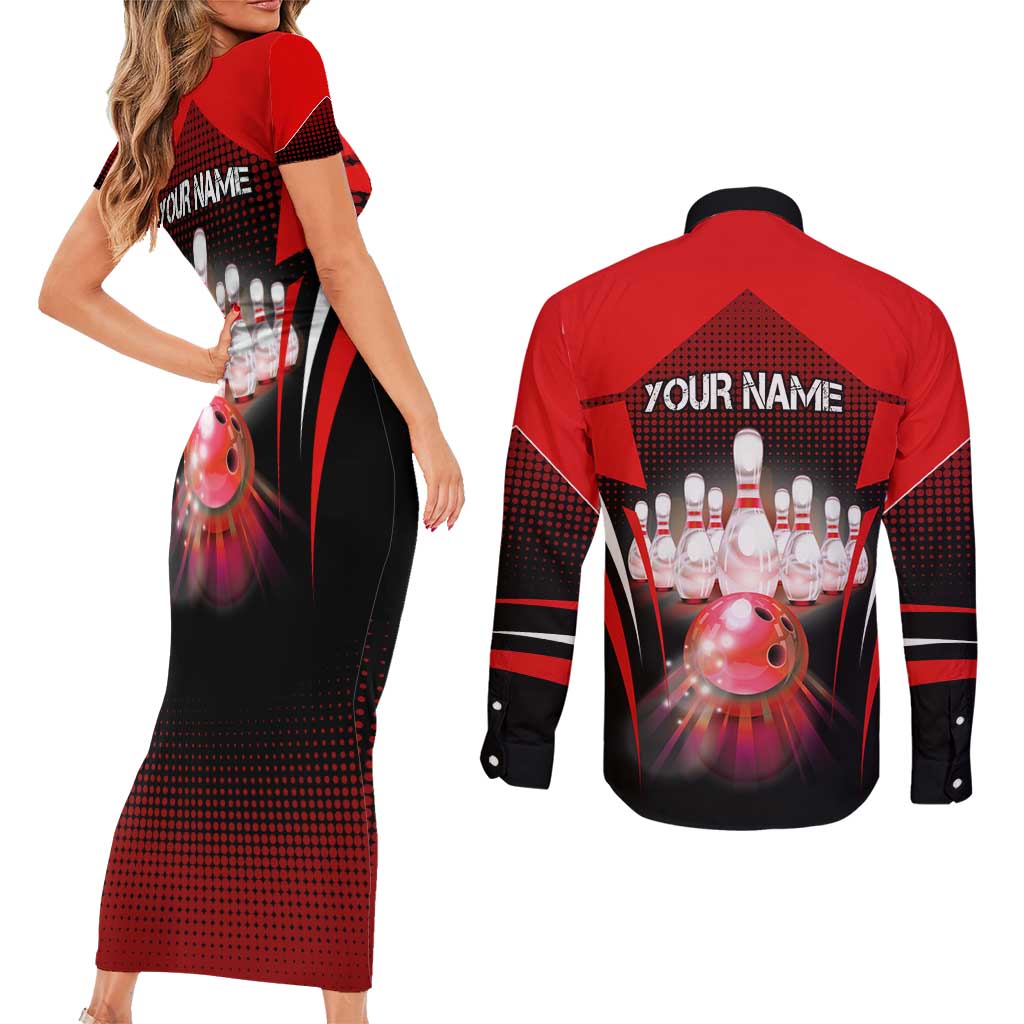 Red Bowling Strike Graphic Couples Matching Short Sleeve Bodycon Dress and Long Sleeve Button Shirt with Pins and Ball and Custom Name Design - Wonder Print Shop