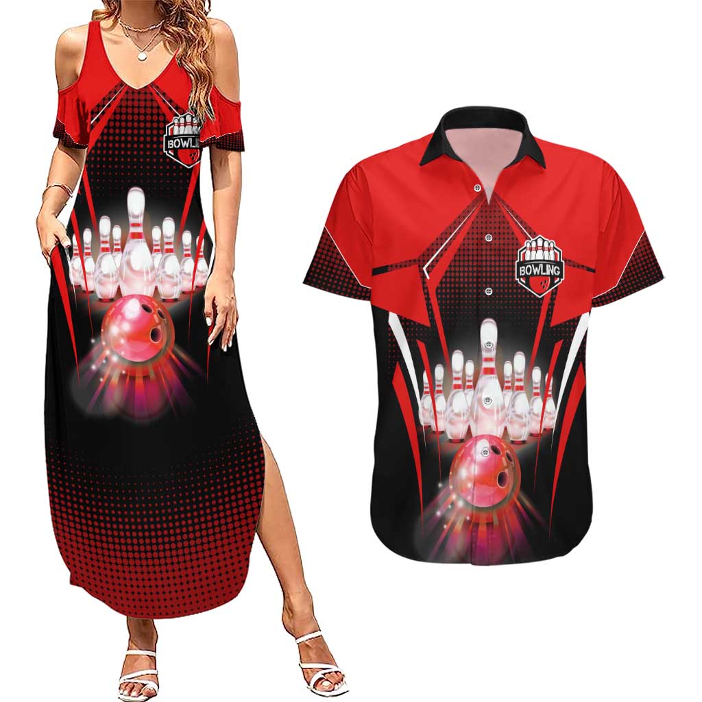 Red Bowling Strike Graphic Couples Matching Summer Maxi Dress and Hawaiian Shirt with Pins and Ball and Custom Name Design - Wonder Print Shop