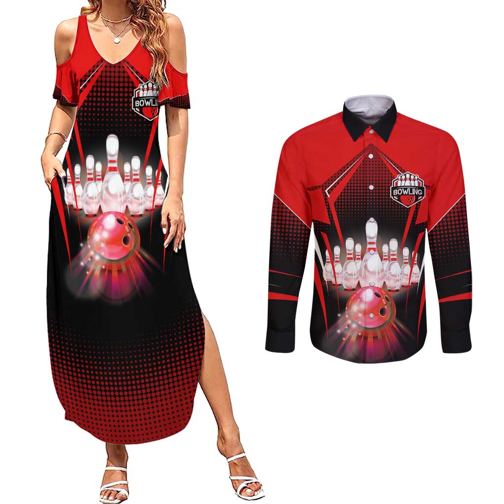 Red Bowling Strike Graphic Couples Matching Summer Maxi Dress and Long Sleeve Button Shirt with Pins and Ball and Custom Name Design - Wonder Print Shop