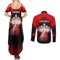 Red Bowling Strike Graphic Couples Matching Summer Maxi Dress and Long Sleeve Button Shirt with Pins and Ball and Custom Name Design - Wonder Print Shop