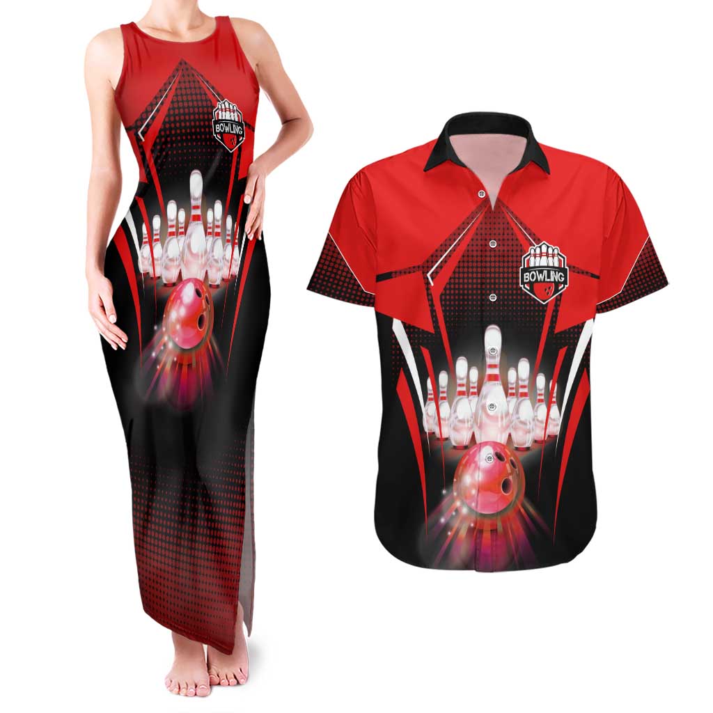 Red Bowling Strike Graphic Couples Matching Tank Maxi Dress and Hawaiian Shirt with Pins and Ball and Custom Name Design - Wonder Print Shop