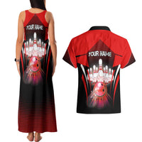 Red Bowling Strike Graphic Couples Matching Tank Maxi Dress and Hawaiian Shirt with Pins and Ball and Custom Name Design - Wonder Print Shop
