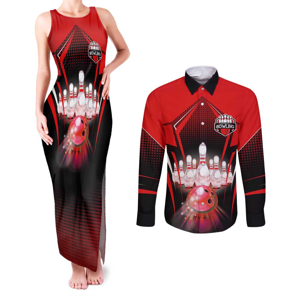 Red Bowling Strike Graphic Couples Matching Tank Maxi Dress and Long Sleeve Button Shirt with Pins and Ball and Custom Name Design - Wonder Print Shop