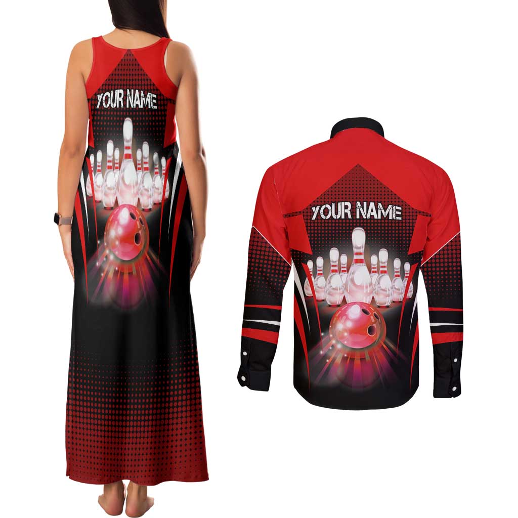 Red Bowling Strike Graphic Couples Matching Tank Maxi Dress and Long Sleeve Button Shirt with Pins and Ball and Custom Name Design - Wonder Print Shop