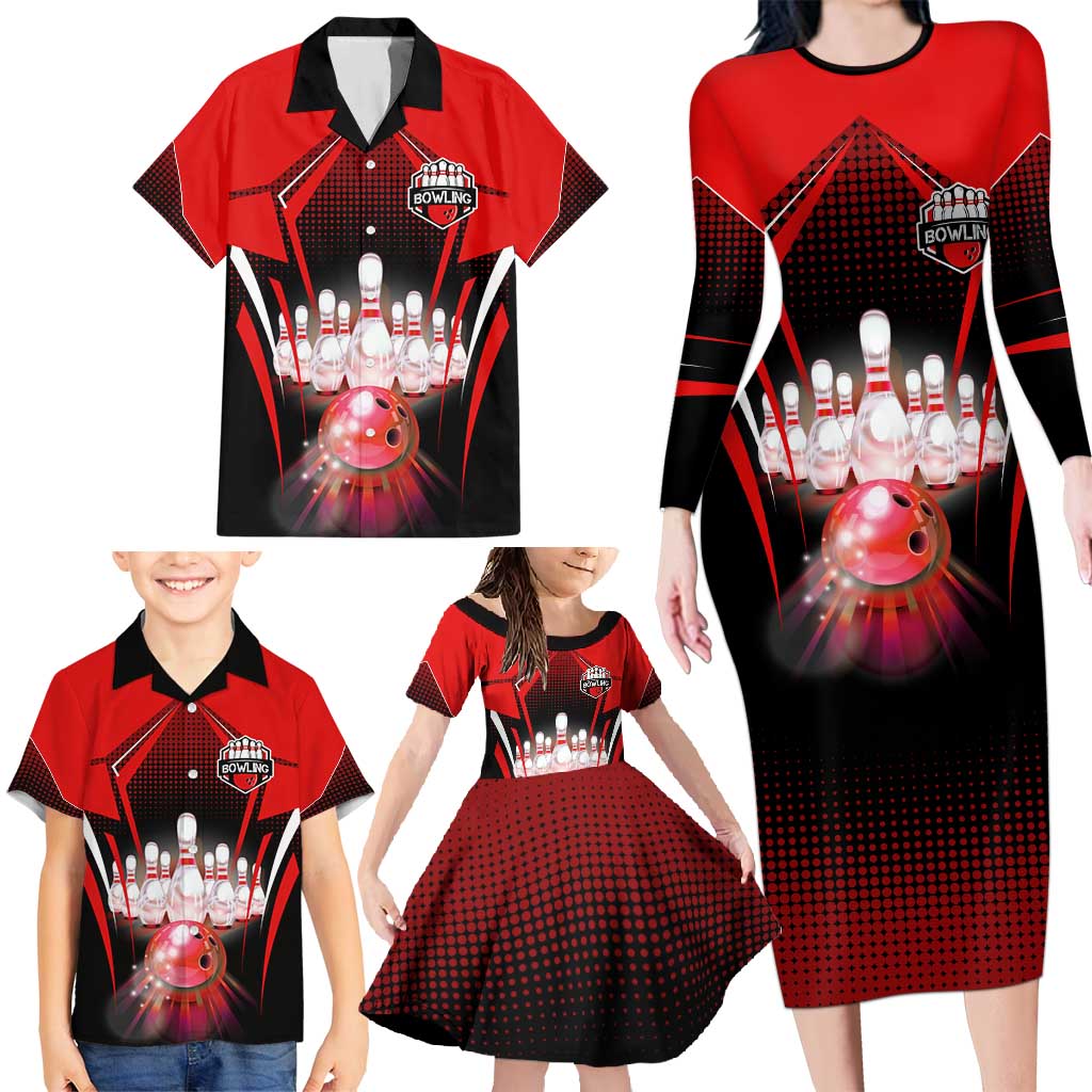 Red Bowling Strike Graphic Family Matching Long Sleeve Bodycon Dress and Hawaiian Shirt with Pins and Ball and Custom Name Design - Wonder Print Shop