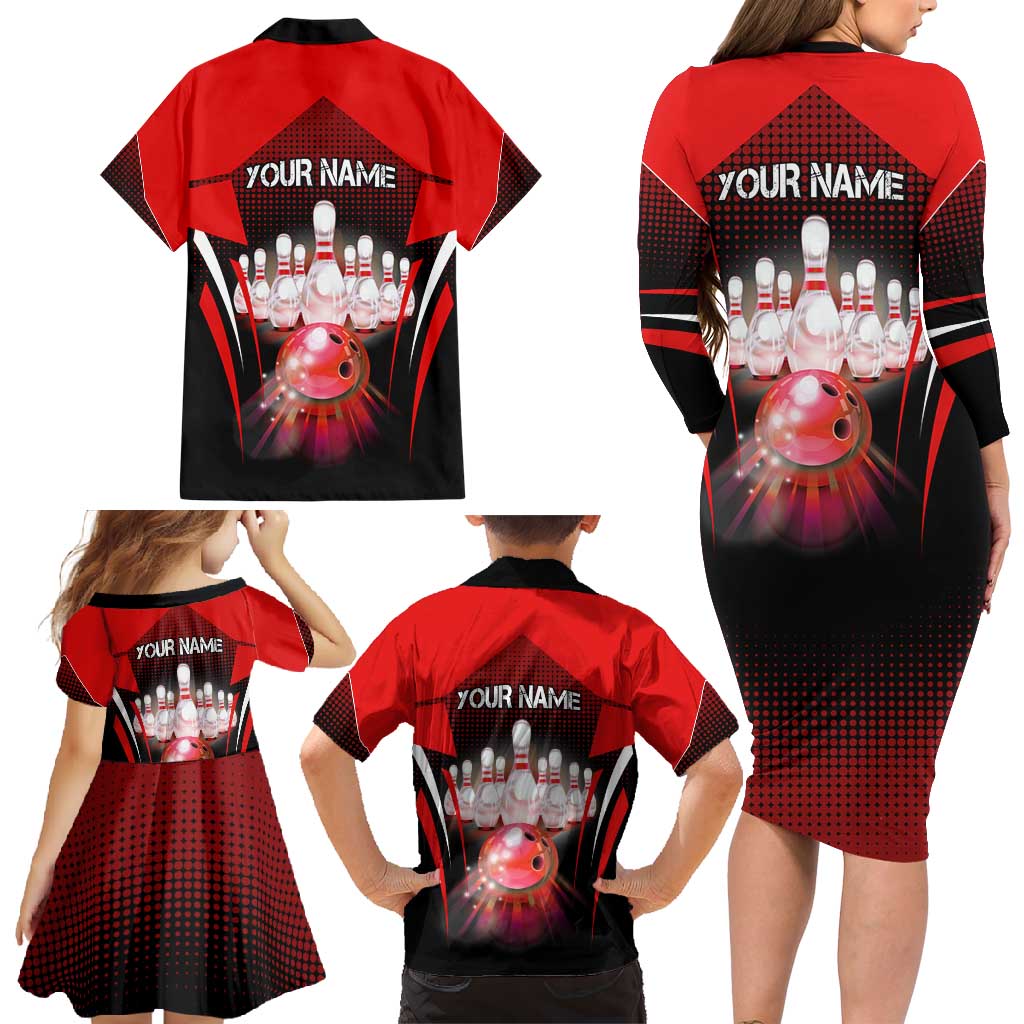 Red Bowling Strike Graphic Family Matching Long Sleeve Bodycon Dress and Hawaiian Shirt with Pins and Ball and Custom Name Design - Wonder Print Shop
