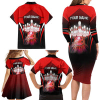 Red Bowling Strike Graphic Family Matching Long Sleeve Bodycon Dress and Hawaiian Shirt with Pins and Ball and Custom Name Design - Wonder Print Shop