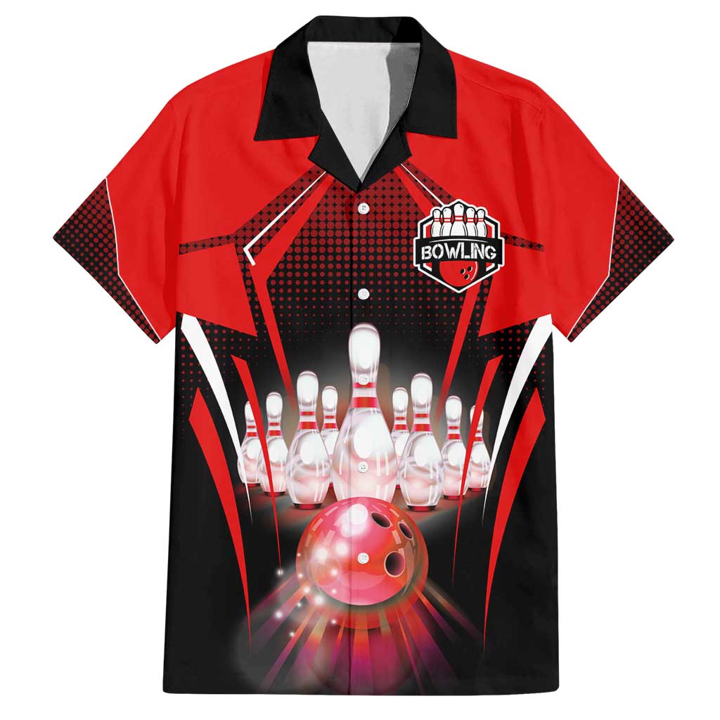 Red Bowling Strike Graphic Family Matching Long Sleeve Bodycon Dress and Hawaiian Shirt with Pins and Ball and Custom Name Design - Wonder Print Shop