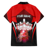 Red Bowling Strike Graphic Family Matching Long Sleeve Bodycon Dress and Hawaiian Shirt with Pins and Ball and Custom Name Design - Wonder Print Shop