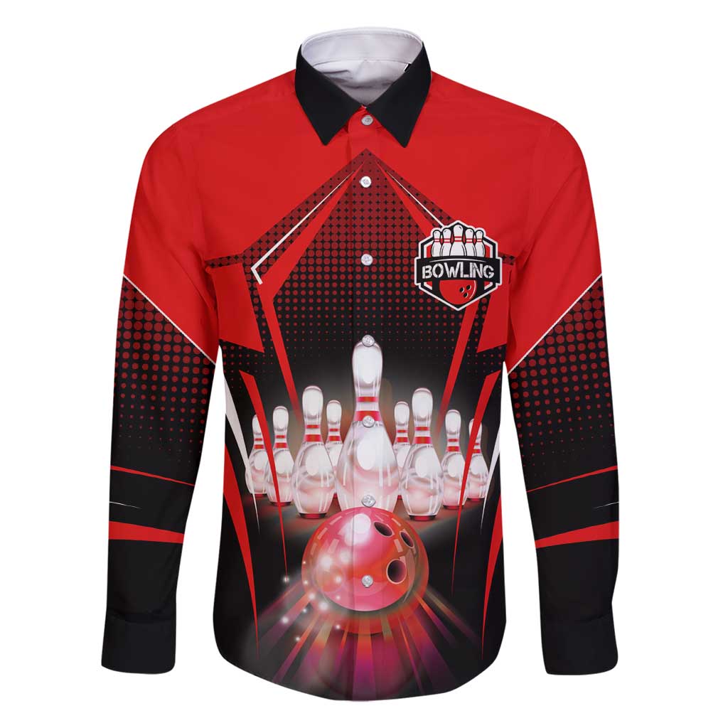 Red Bowling Strike Graphic Family Matching Long Sleeve Bodycon Dress and Hawaiian Shirt with Pins and Ball and Custom Name Design - Wonder Print Shop