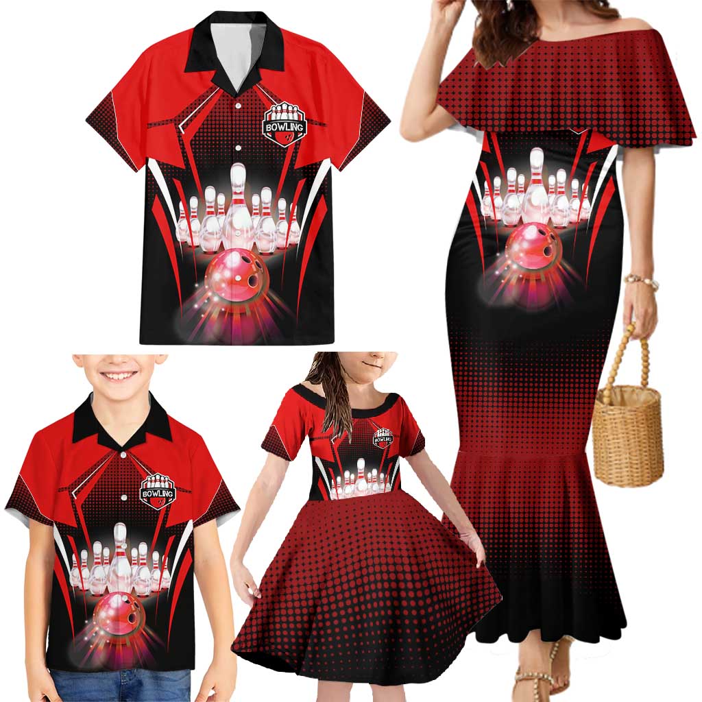 Red Bowling Strike Graphic Family Matching Mermaid Dress and Hawaiian Shirt with Pins and Ball and Custom Name Design - Wonder Print Shop