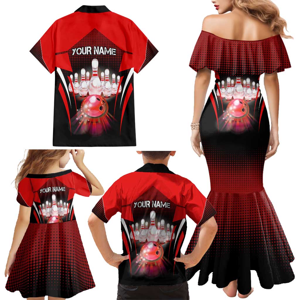Red Bowling Strike Graphic Family Matching Mermaid Dress and Hawaiian Shirt with Pins and Ball and Custom Name Design - Wonder Print Shop