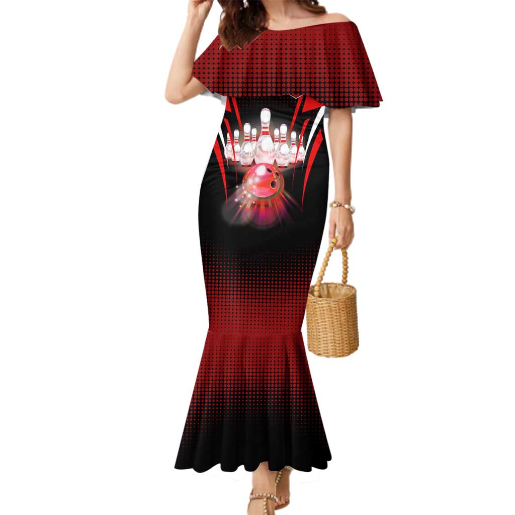 Red Bowling Strike Graphic Family Matching Mermaid Dress and Hawaiian Shirt with Pins and Ball and Custom Name Design - Wonder Print Shop