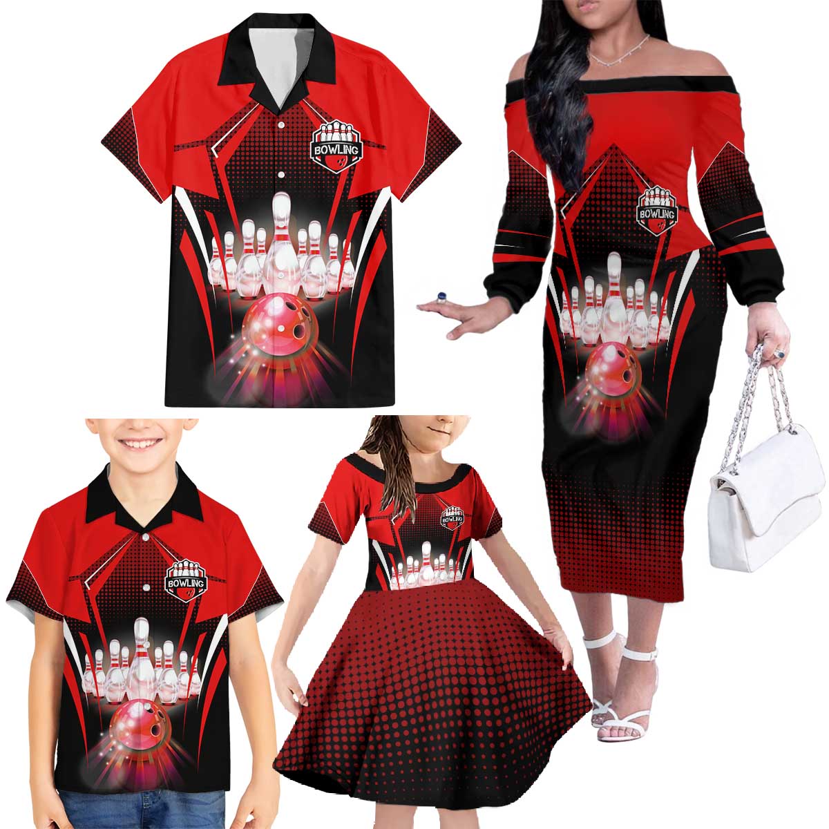 Red Bowling Strike Graphic Family Matching Off The Shoulder Long Sleeve Dress and Hawaiian Shirt with Pins and Ball and Custom Name Design - Wonder Print Shop