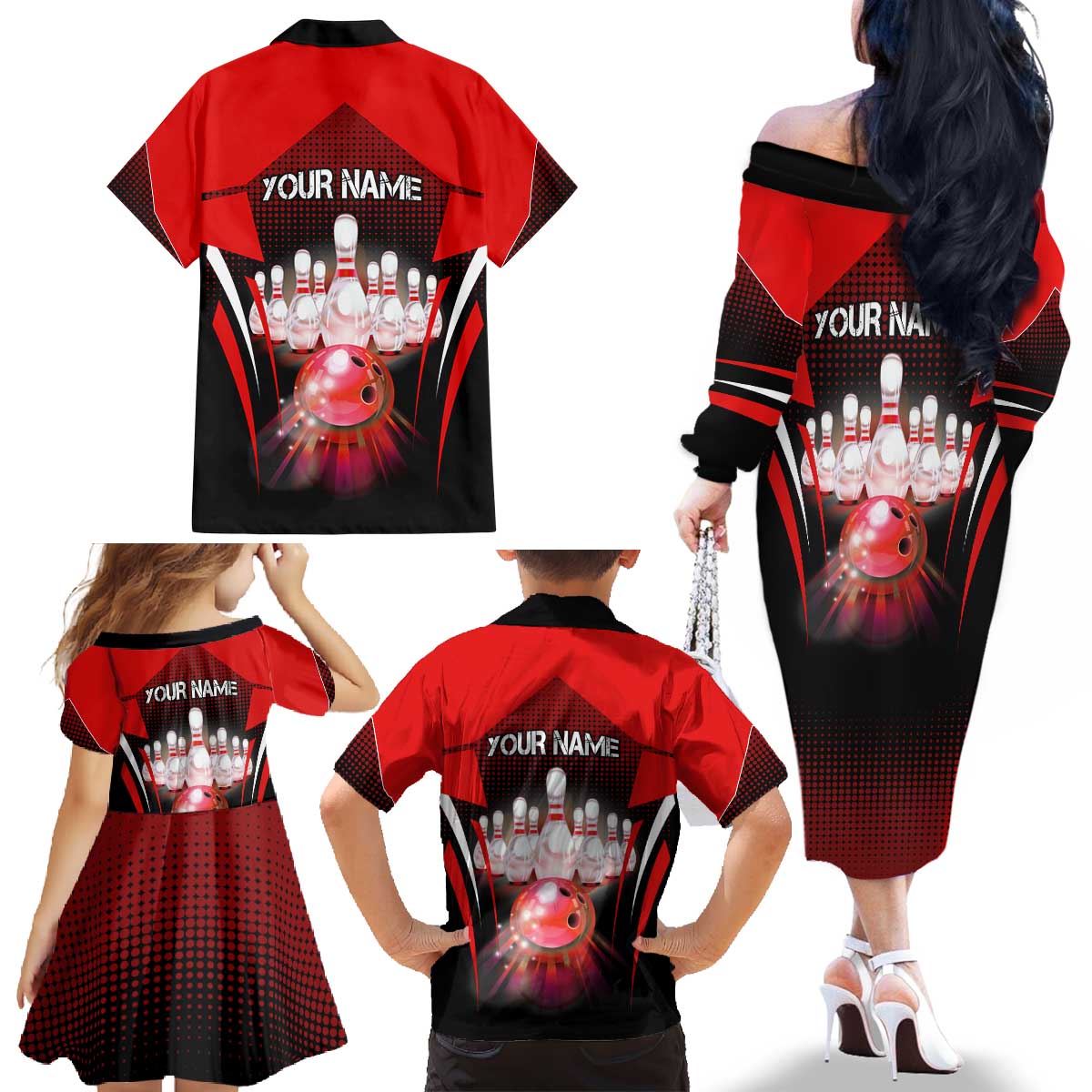 Red Bowling Strike Graphic Family Matching Off The Shoulder Long Sleeve Dress and Hawaiian Shirt with Pins and Ball and Custom Name Design - Wonder Print Shop