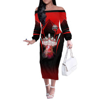 Red Bowling Strike Graphic Family Matching Off The Shoulder Long Sleeve Dress and Hawaiian Shirt with Pins and Ball and Custom Name Design - Wonder Print Shop