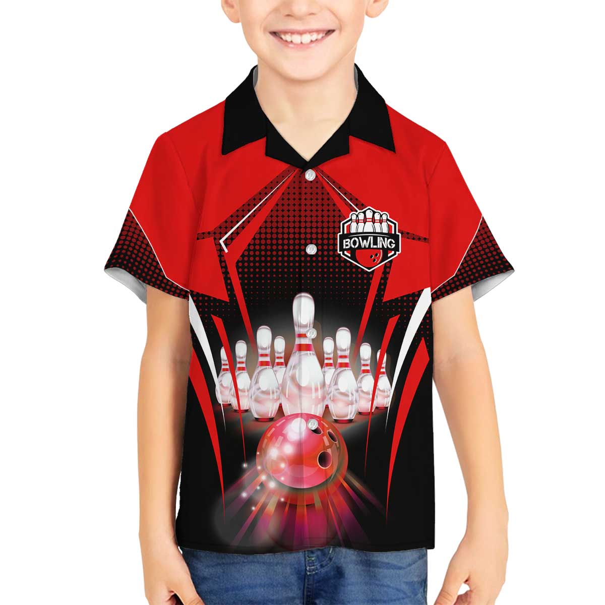 Red Bowling Strike Graphic Family Matching Off The Shoulder Long Sleeve Dress and Hawaiian Shirt with Pins and Ball and Custom Name Design - Wonder Print Shop