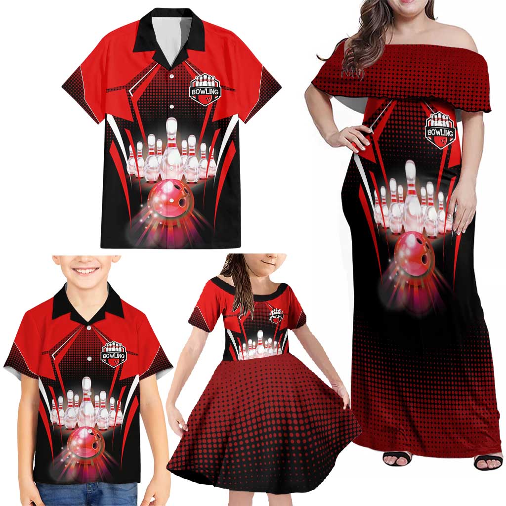 Red Bowling Strike Graphic Family Matching Off Shoulder Maxi Dress and Hawaiian Shirt with Pins and Ball and Custom Name Design - Wonder Print Shop