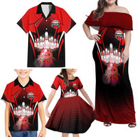 Red Bowling Strike Graphic Family Matching Off Shoulder Maxi Dress and Hawaiian Shirt with Pins and Ball and Custom Name Design - Wonder Print Shop