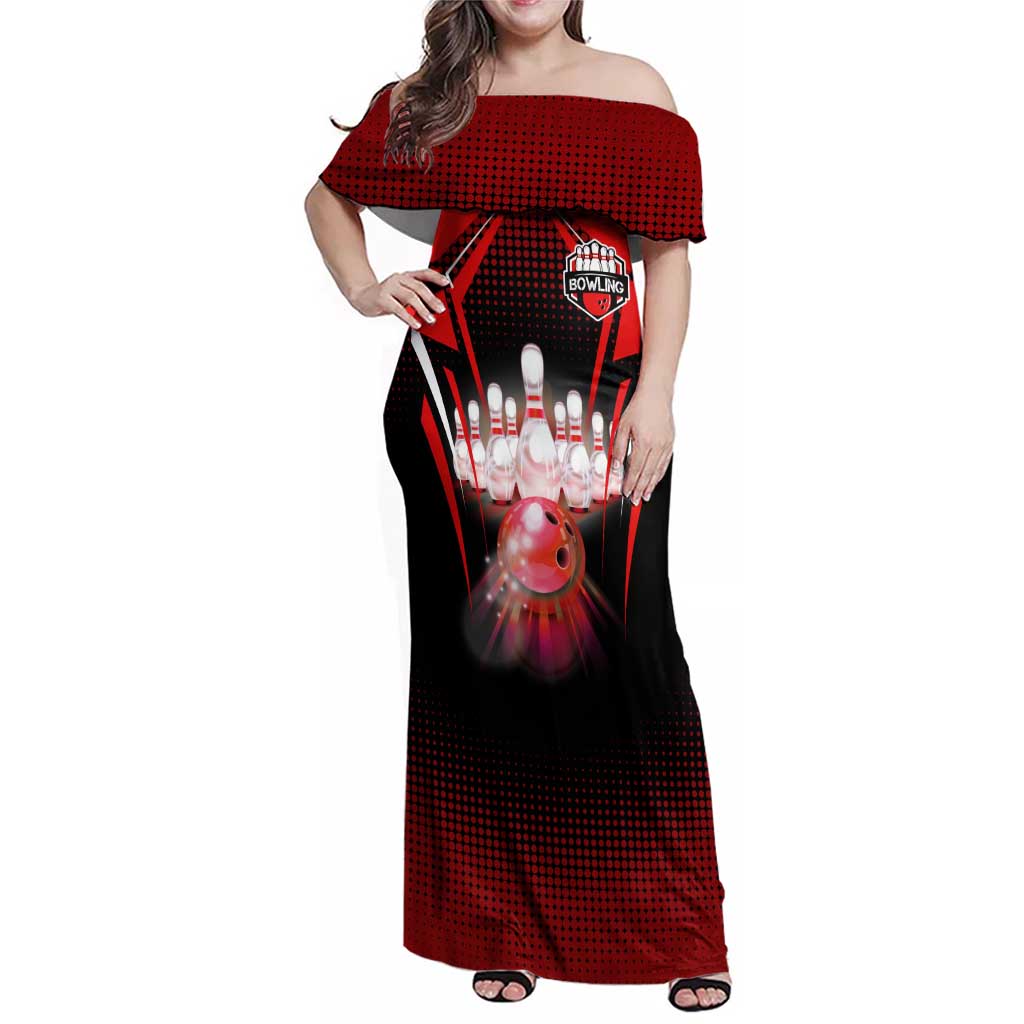 Red Bowling Strike Graphic Family Matching Off Shoulder Maxi Dress and Hawaiian Shirt with Pins and Ball and Custom Name Design - Wonder Print Shop