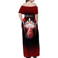 Red Bowling Strike Graphic Family Matching Off Shoulder Maxi Dress and Hawaiian Shirt with Pins and Ball and Custom Name Design - Wonder Print Shop