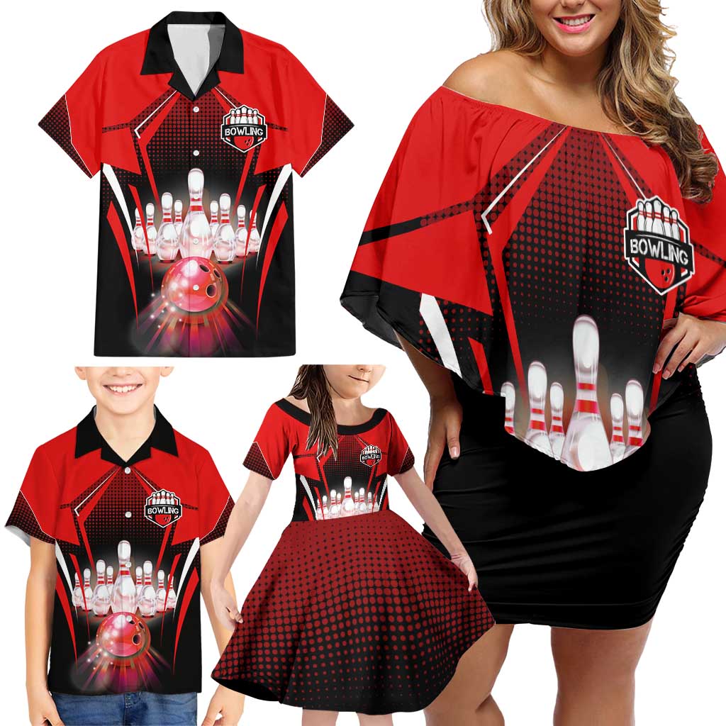 Red Bowling Strike Graphic Family Matching Off Shoulder Short Dress and Hawaiian Shirt with Pins and Ball and Custom Name Design - Wonder Print Shop