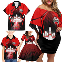 Red Bowling Strike Graphic Family Matching Off Shoulder Short Dress and Hawaiian Shirt with Pins and Ball and Custom Name Design - Wonder Print Shop