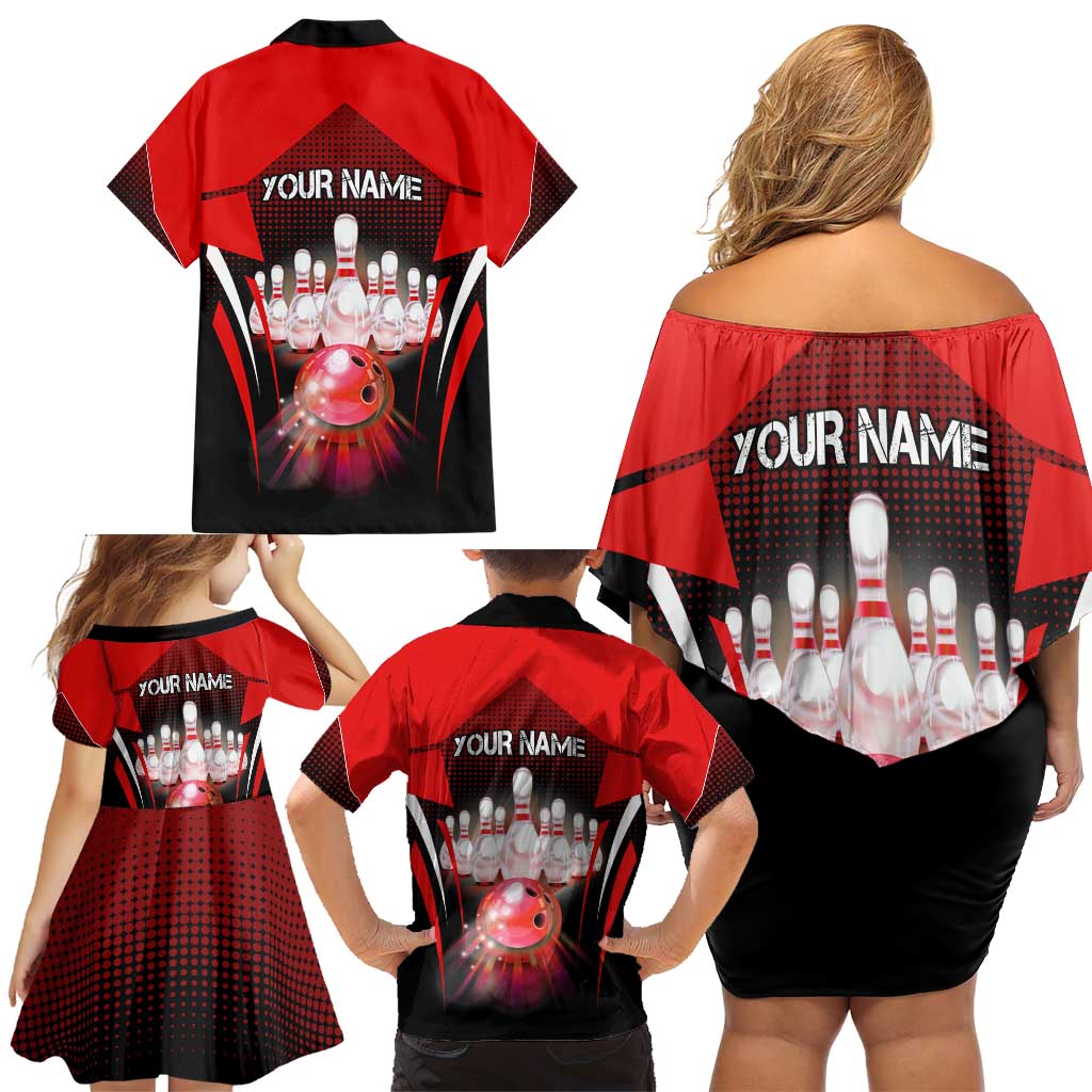 Red Bowling Strike Graphic Family Matching Off Shoulder Short Dress and Hawaiian Shirt with Pins and Ball and Custom Name Design - Wonder Print Shop