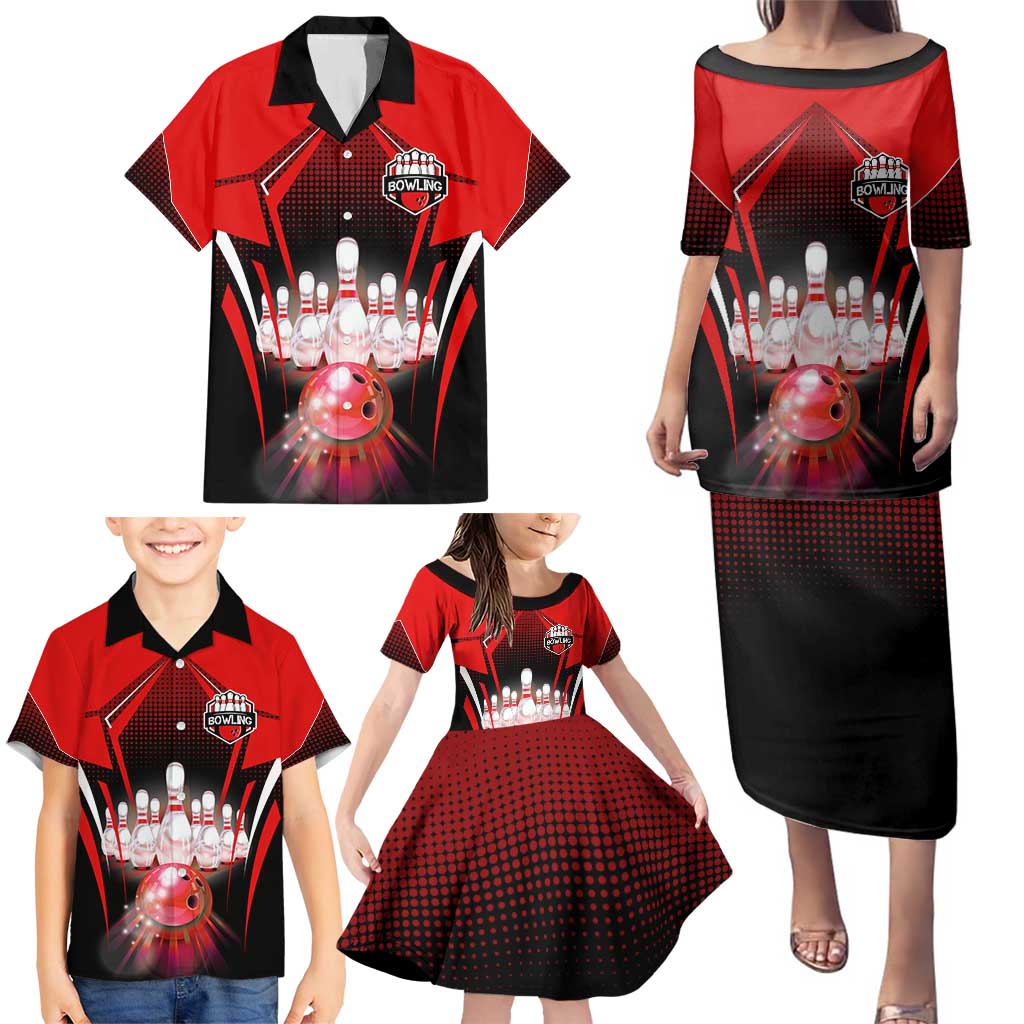 Red Bowling Strike Graphic Family Matching Puletasi and Hawaiian Shirt with Pins and Ball and Custom Name Design - Wonder Print Shop