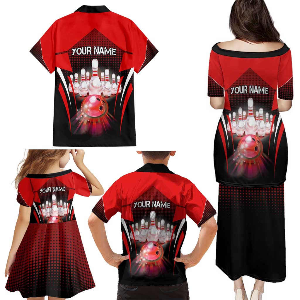 Red Bowling Strike Graphic Family Matching Puletasi and Hawaiian Shirt with Pins and Ball and Custom Name Design - Wonder Print Shop