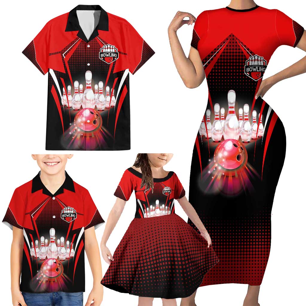 Red Bowling Strike Graphic Family Matching Short Sleeve Bodycon Dress and Hawaiian Shirt with Pins and Ball and Custom Name Design - Wonder Print Shop