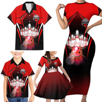 Red Bowling Strike Graphic Family Matching Short Sleeve Bodycon Dress and Hawaiian Shirt with Pins and Ball and Custom Name Design - Wonder Print Shop