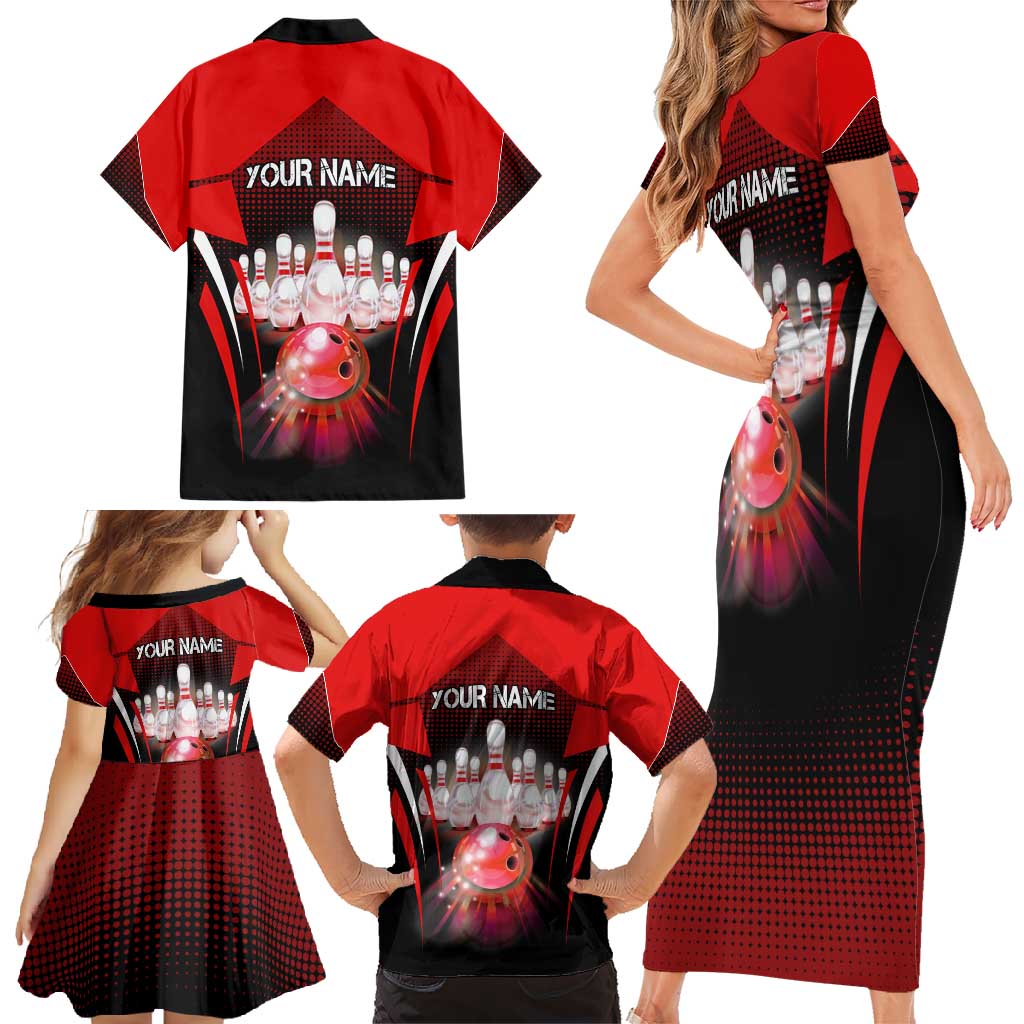 Red Bowling Strike Graphic Family Matching Short Sleeve Bodycon Dress and Hawaiian Shirt with Pins and Ball and Custom Name Design - Wonder Print Shop