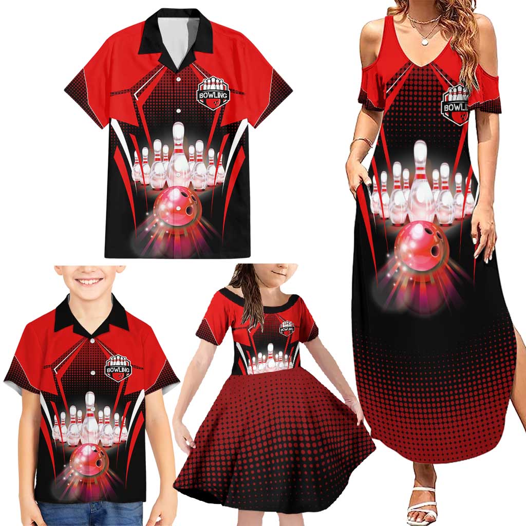 Red Bowling Strike Graphic Family Matching Summer Maxi Dress and Hawaiian Shirt with Pins and Ball and Custom Name Design - Wonder Print Shop