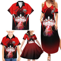 Red Bowling Strike Graphic Family Matching Summer Maxi Dress and Hawaiian Shirt with Pins and Ball and Custom Name Design - Wonder Print Shop