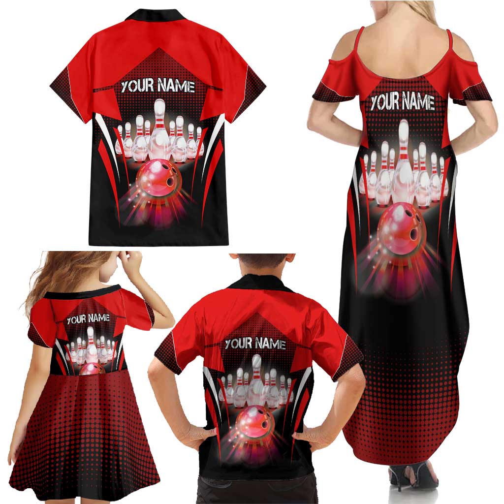 Red Bowling Strike Graphic Family Matching Summer Maxi Dress and Hawaiian Shirt with Pins and Ball and Custom Name Design - Wonder Print Shop