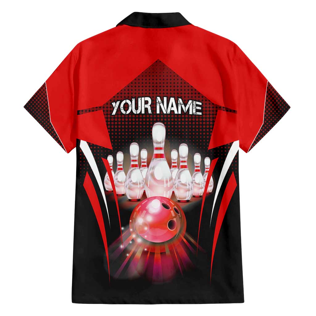 Red Bowling Strike Graphic Family Matching Summer Maxi Dress and Hawaiian Shirt with Pins and Ball and Custom Name Design - Wonder Print Shop