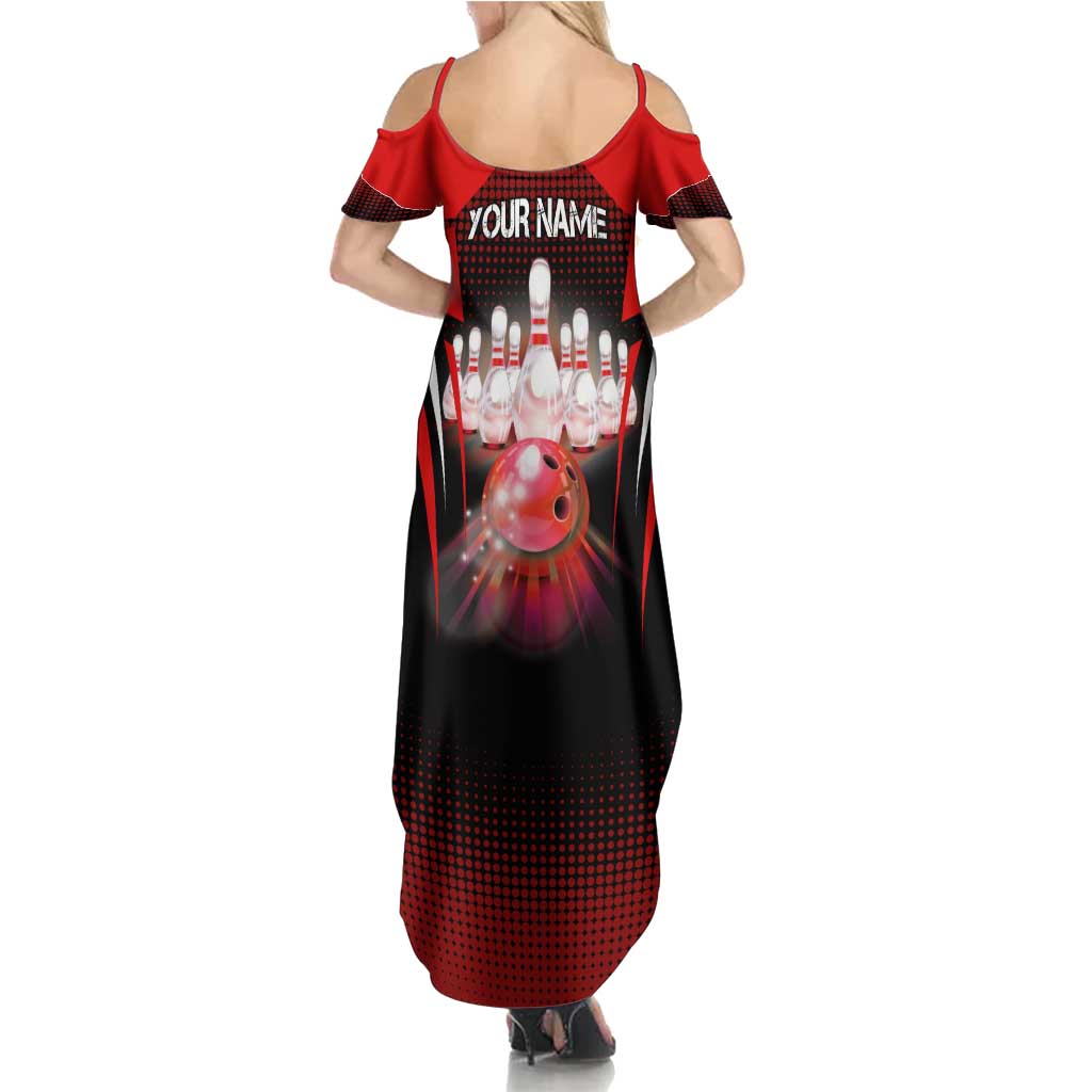 Red Bowling Strike Graphic Family Matching Summer Maxi Dress and Hawaiian Shirt with Pins and Ball and Custom Name Design - Wonder Print Shop