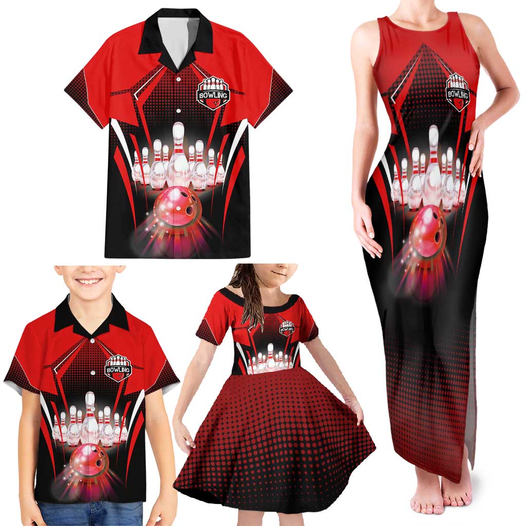 Red Bowling Strike Graphic Family Matching Tank Maxi Dress and Hawaiian Shirt with Pins and Ball and Custom Name Design - Wonder Print Shop