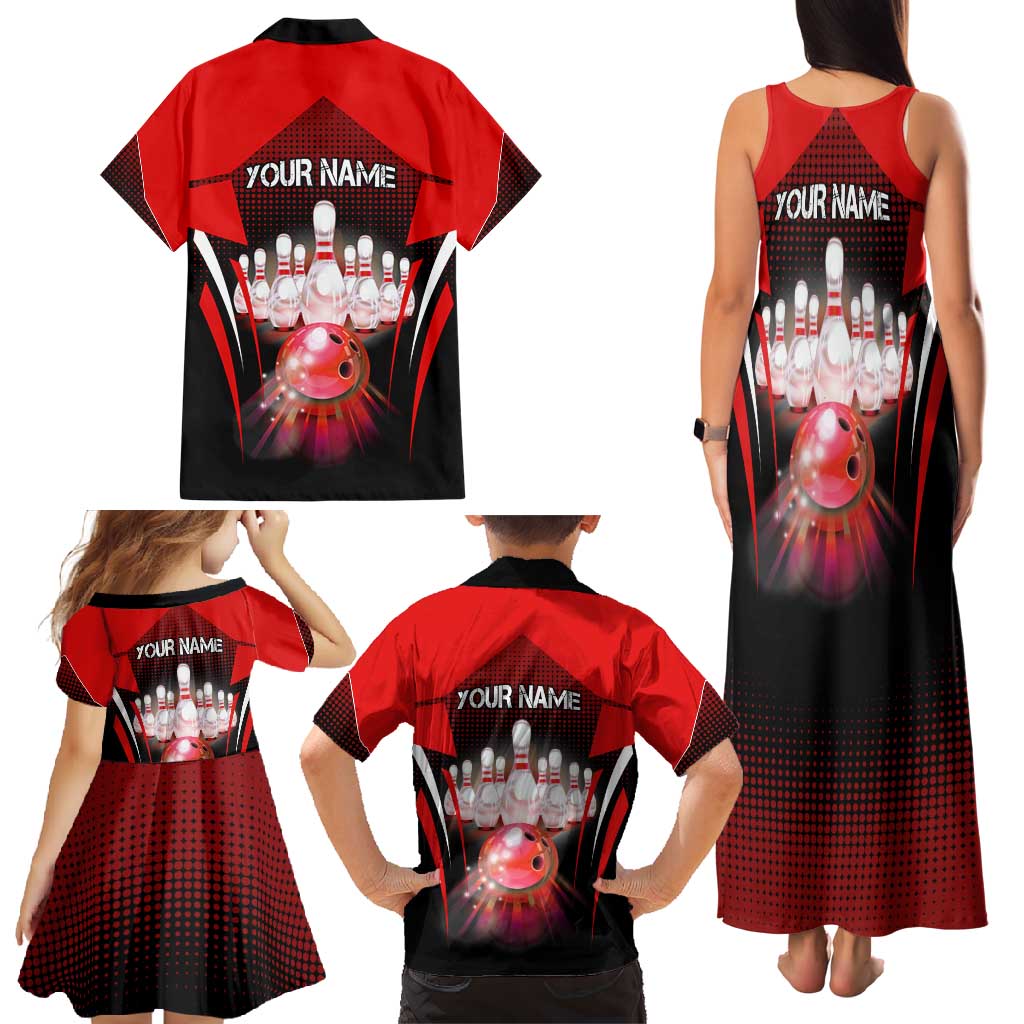Red Bowling Strike Graphic Family Matching Tank Maxi Dress and Hawaiian Shirt with Pins and Ball and Custom Name Design - Wonder Print Shop