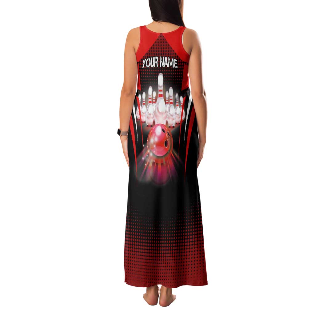 Red Bowling Strike Graphic Family Matching Tank Maxi Dress and Hawaiian Shirt with Pins and Ball and Custom Name Design - Wonder Print Shop