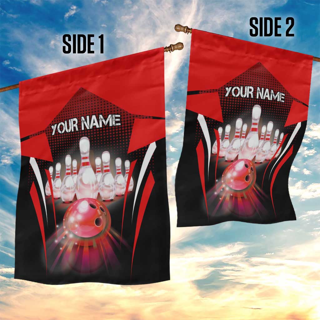 Red Bowling Strike Graphic Garden Flag with Pins and Ball and Custom Name Design - Wonder Print Shop