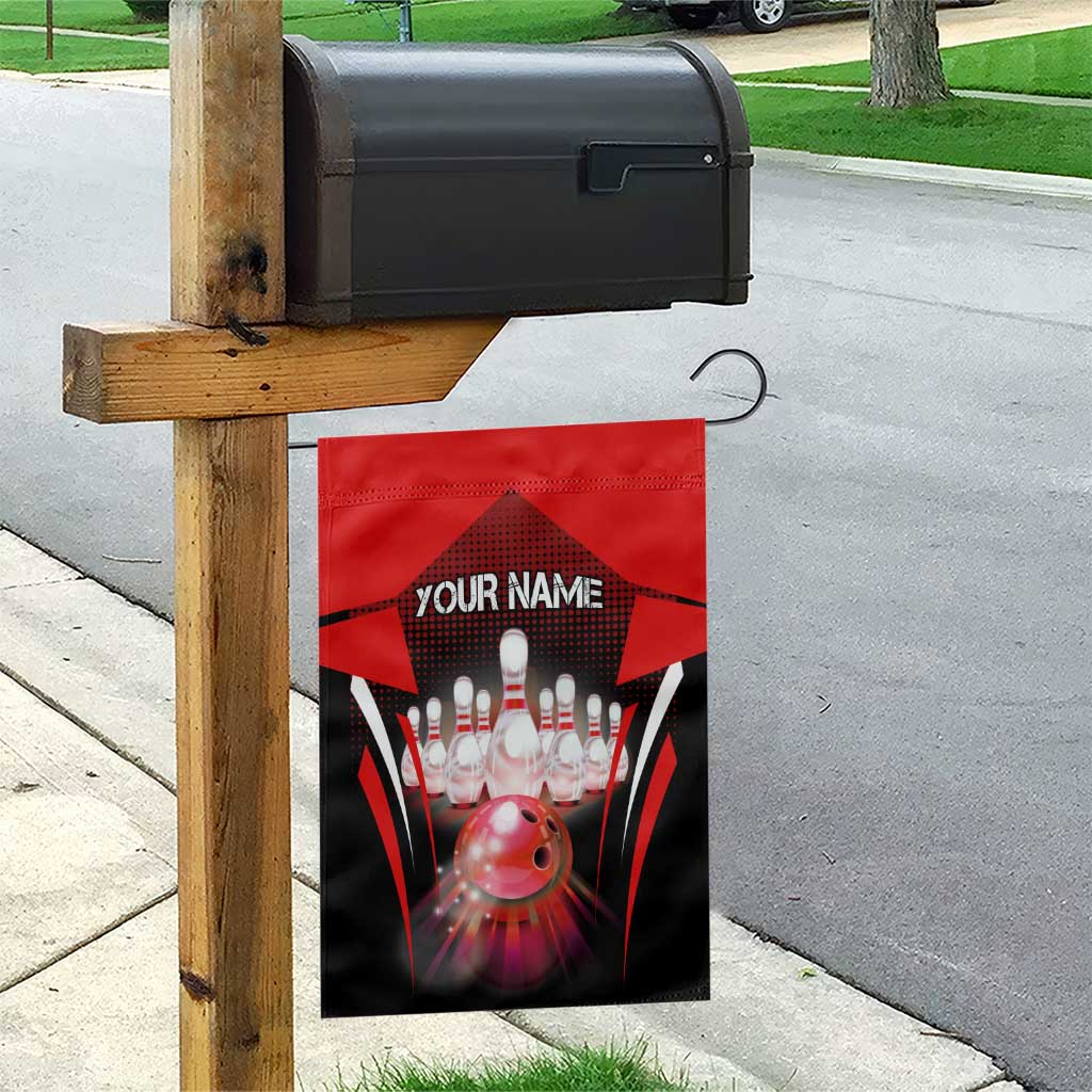 Red Bowling Strike Graphic Garden Flag with Pins and Ball and Custom Name Design - Wonder Print Shop