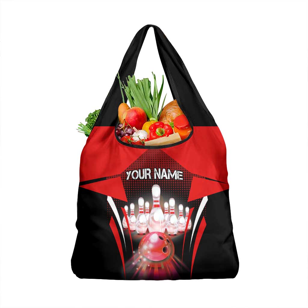 Red Bowling Strike Graphic Grocery Bag with Pins and Ball and Custom Name Design - Wonder Print Shop