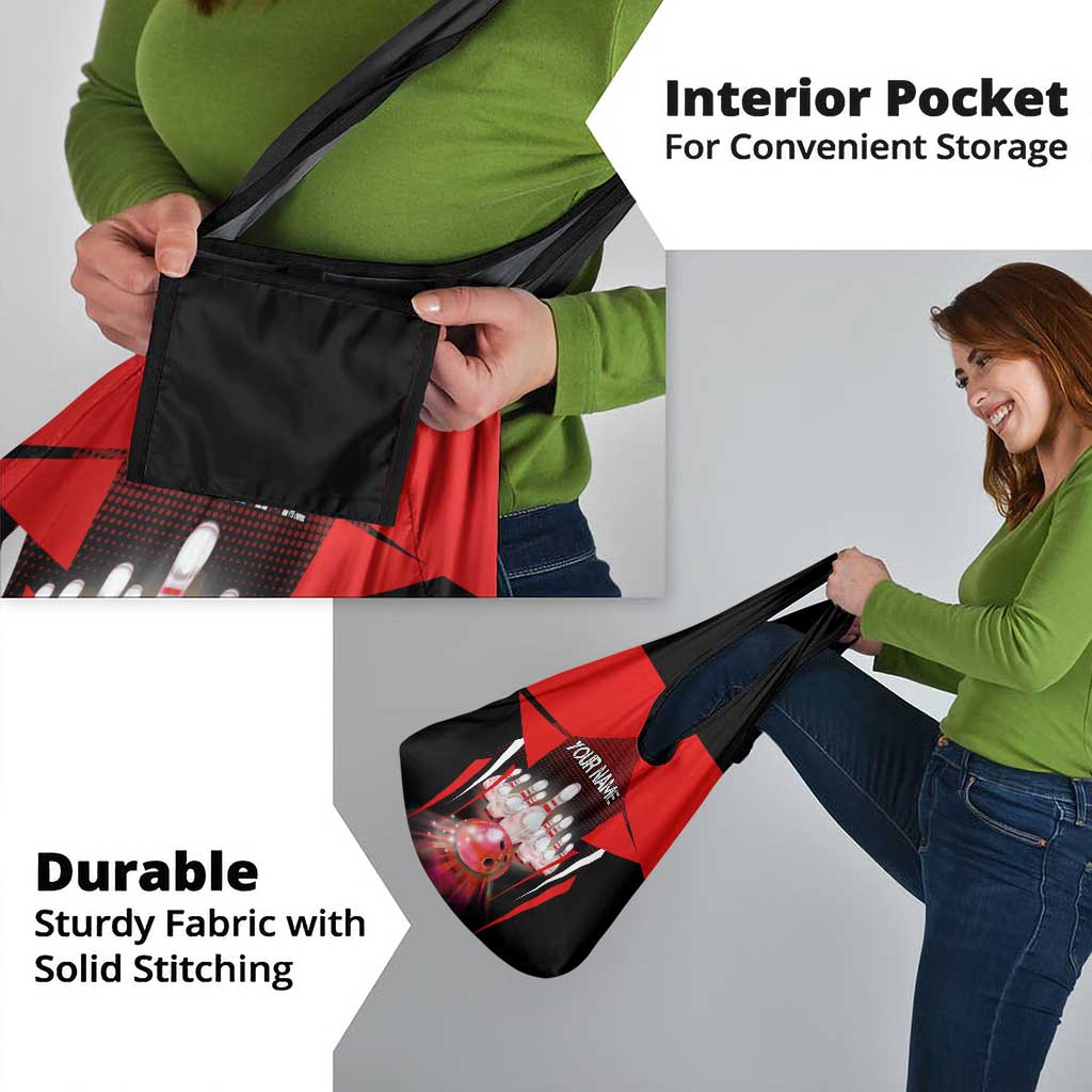 Red Bowling Strike Graphic Grocery Bag with Pins and Ball and Custom Name Design - Wonder Print Shop